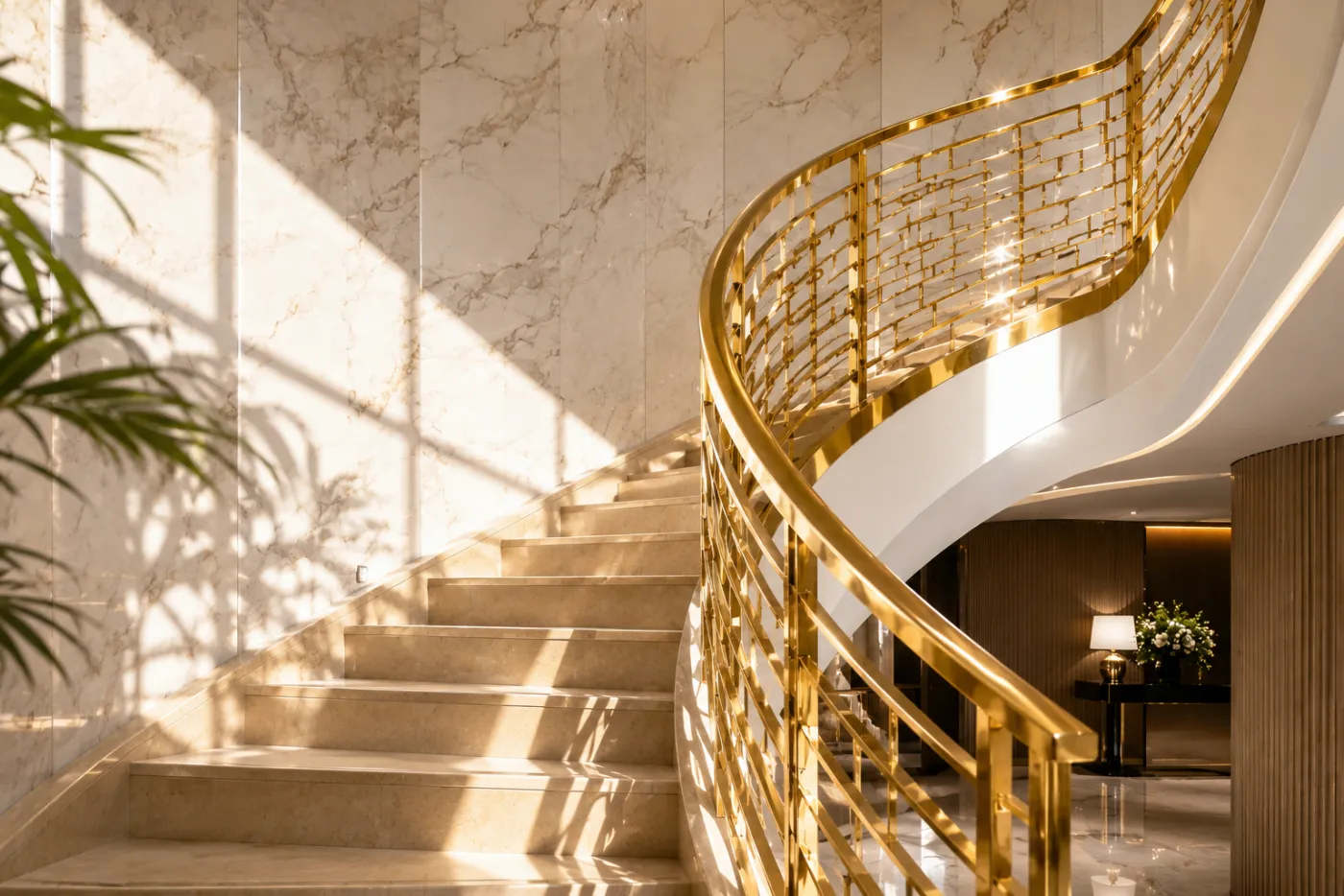 Staircase railing in a gold PVD finish