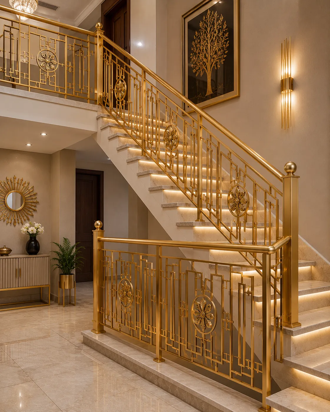 Staircase railing in a gold PVD finish