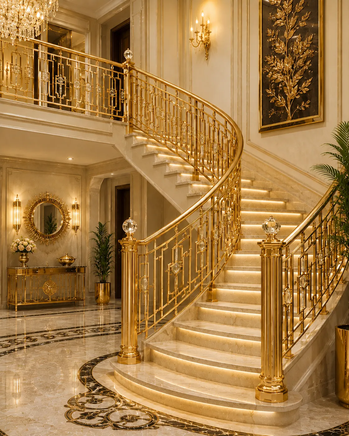 Staircase railing in a gold PVD finish