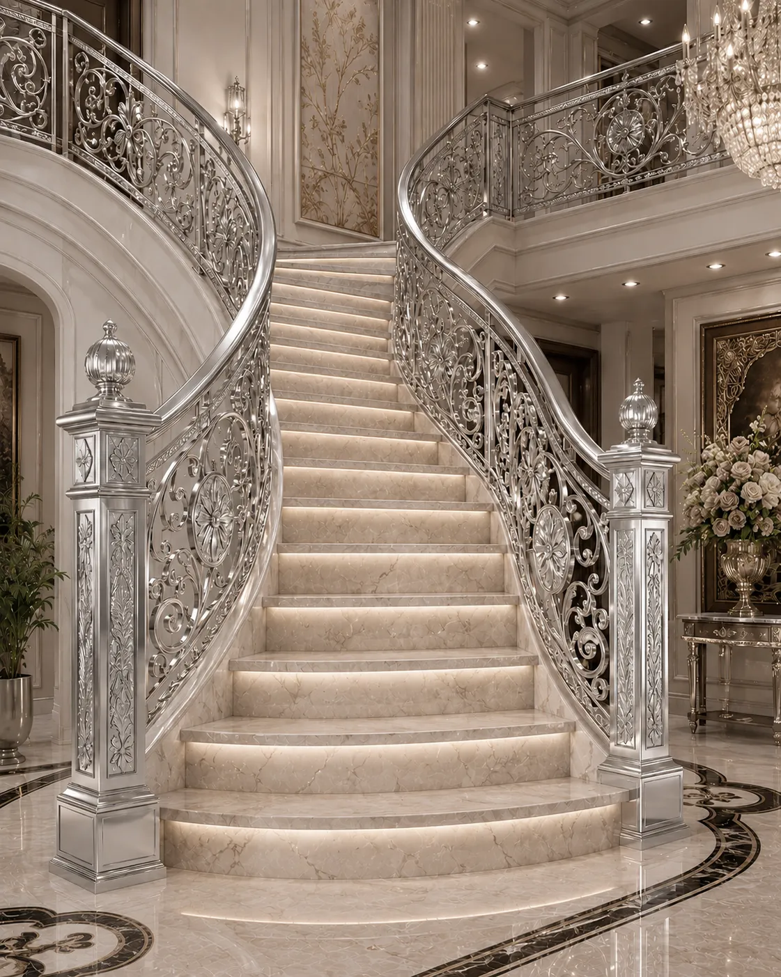 Staircase railing in a nickel PVD finish