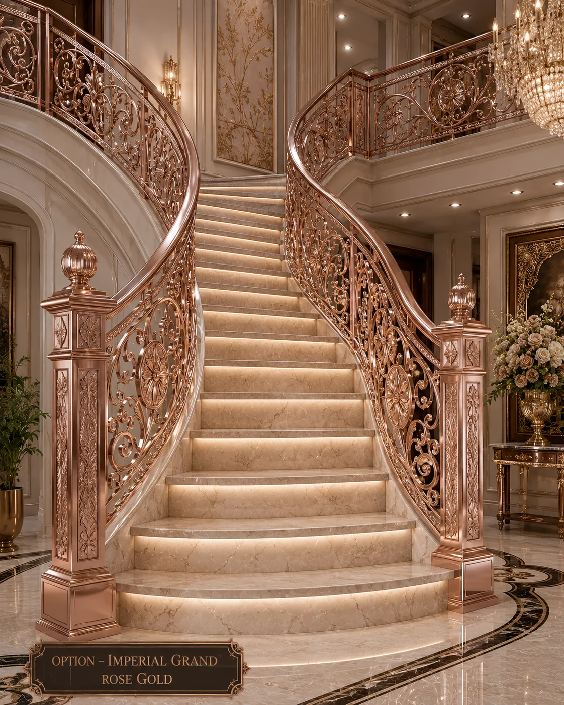 Staircase railing in a rose-gold PVD finish