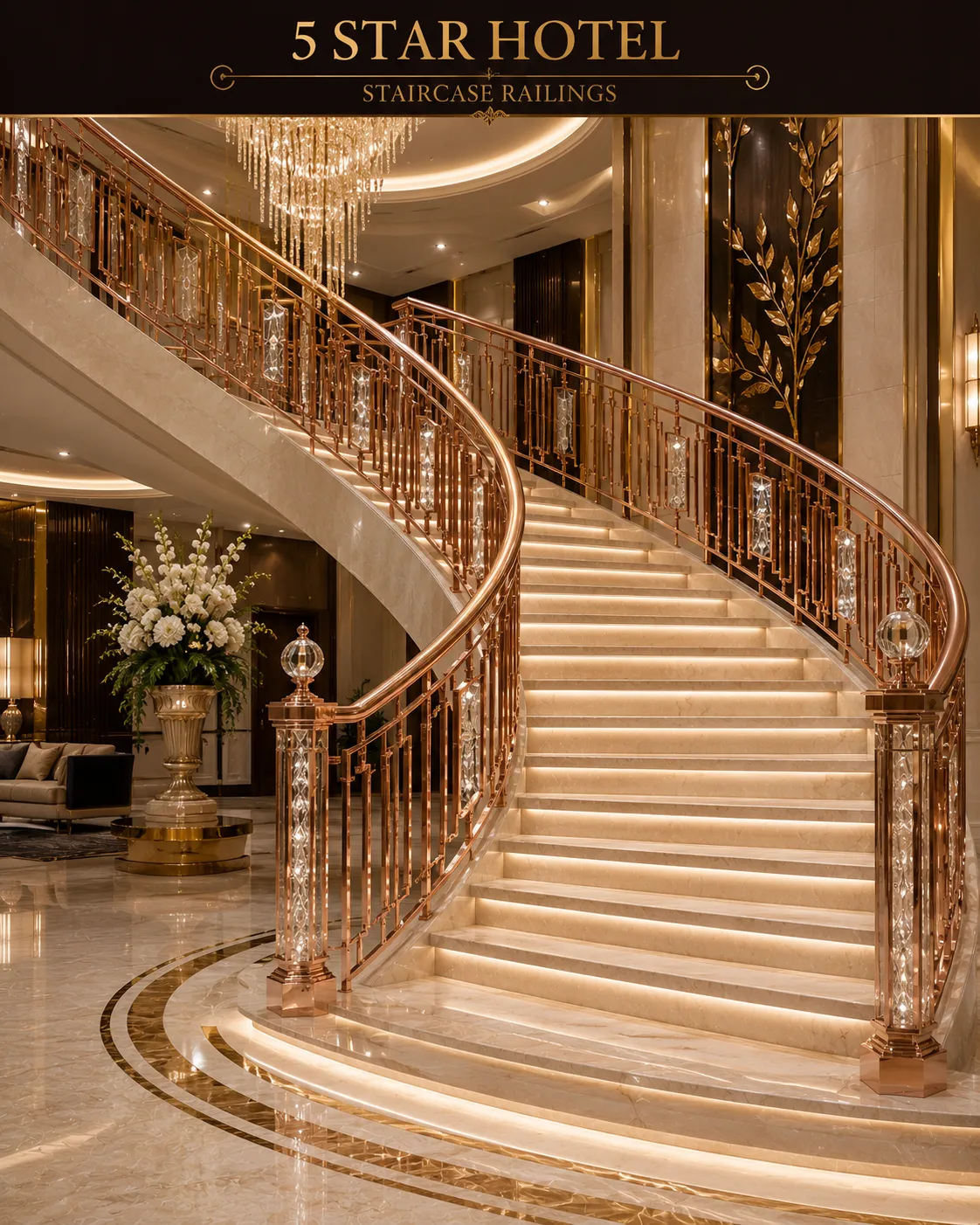 Staircase railing in a rose-gold PVD finish