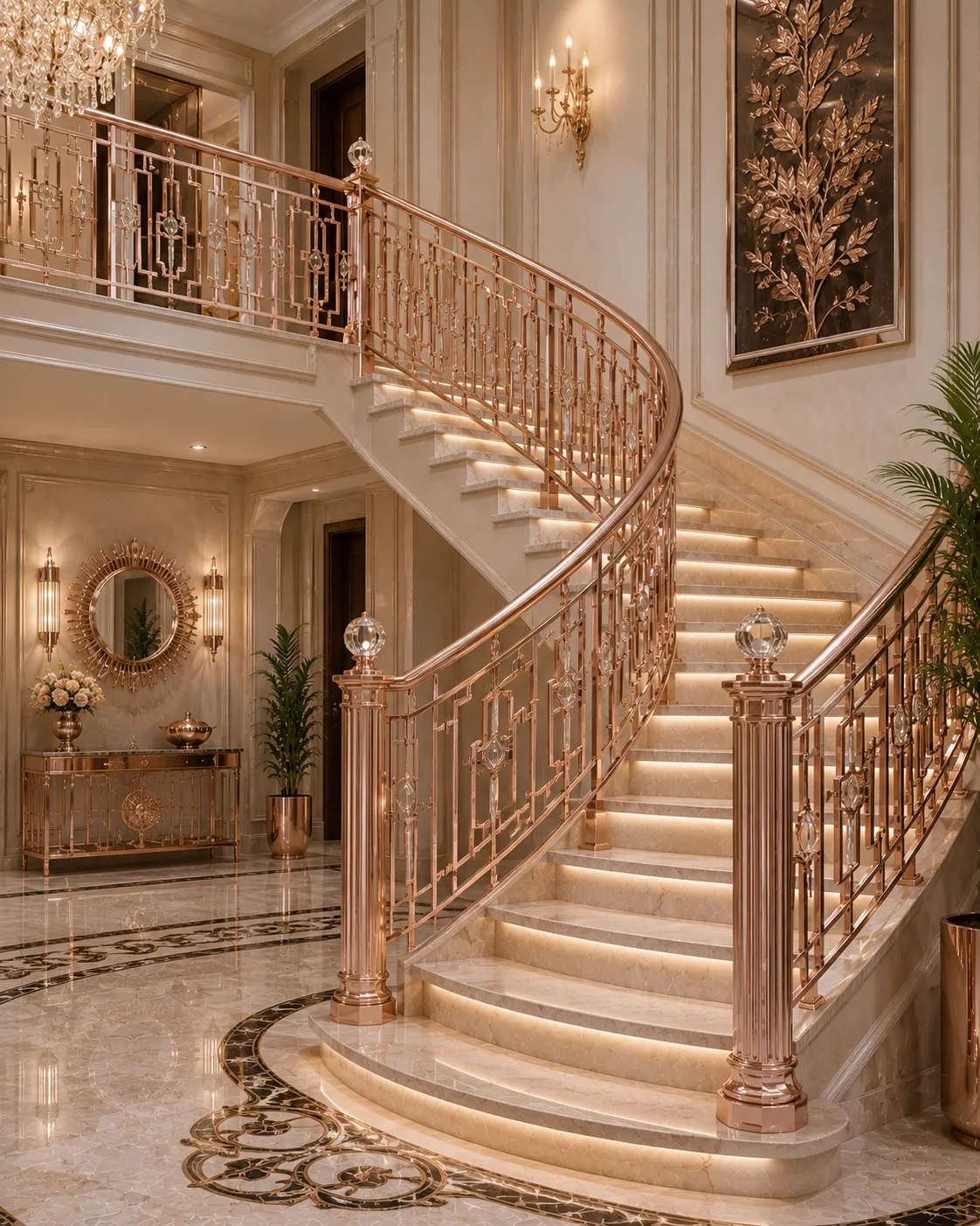Staircase railing in a rose-gold PVD finish