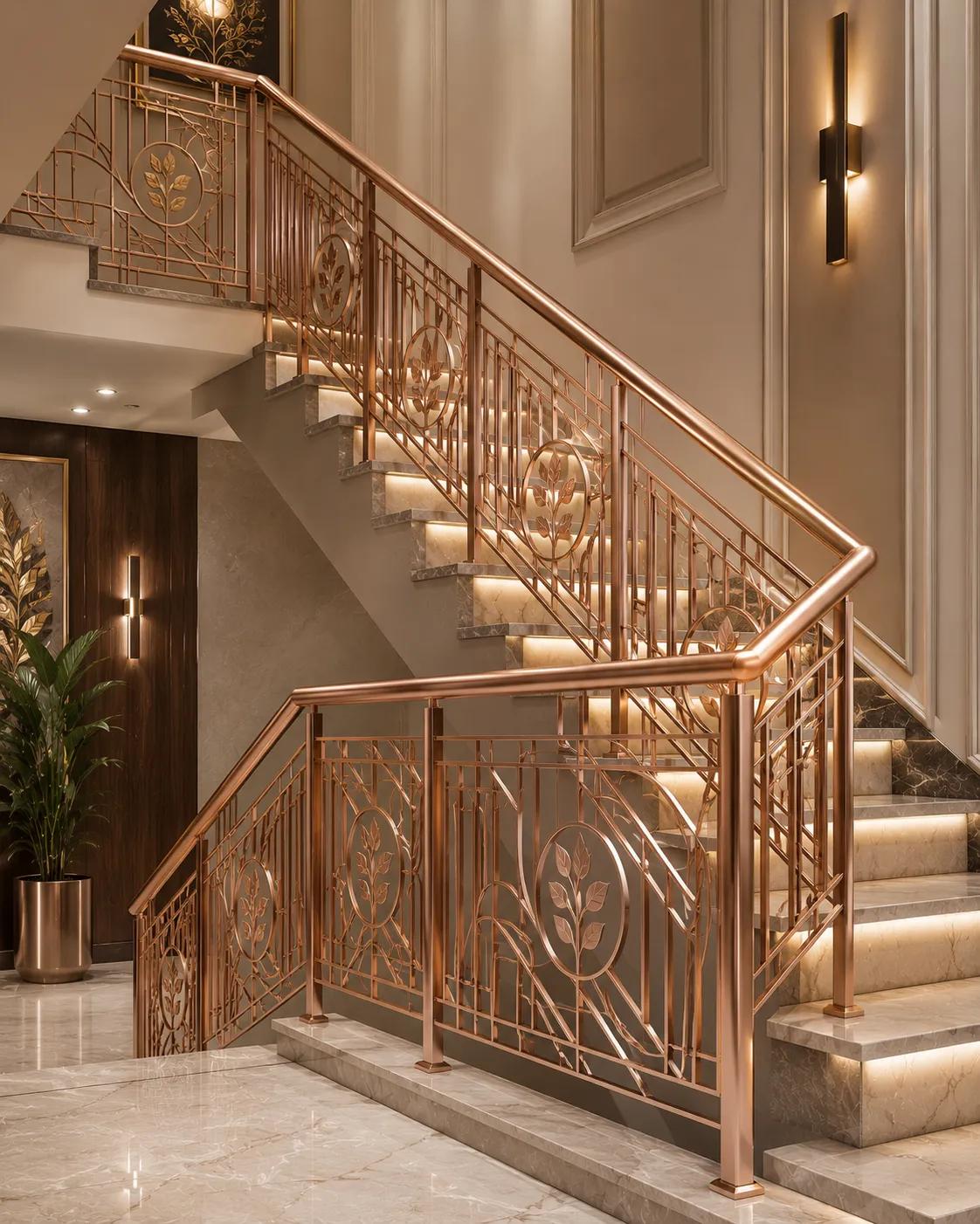 Staircase railing in a rose-gold PVD finish
