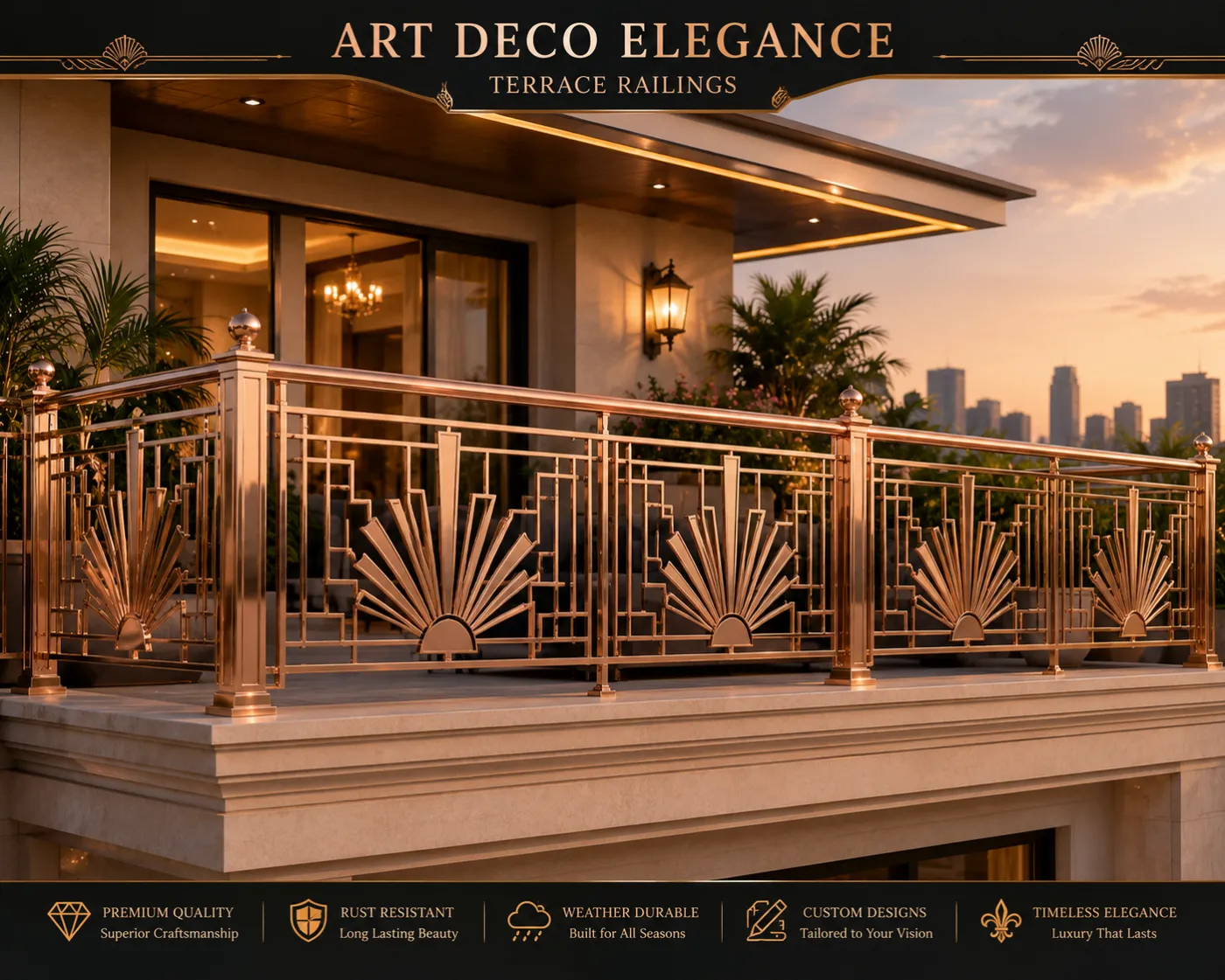 Terrace railing in a rose-gold PVD finish