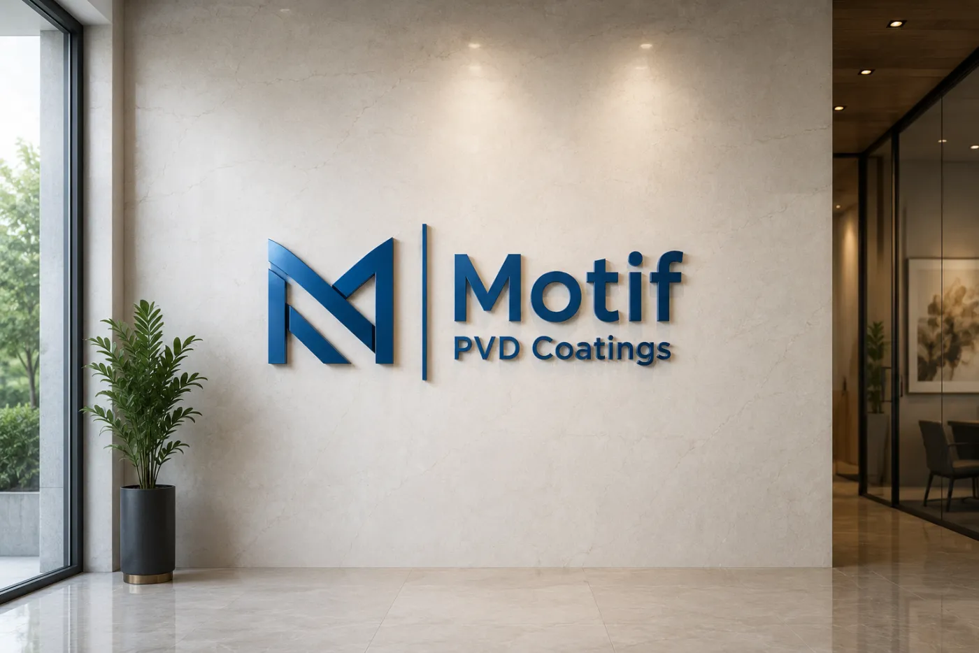 Brand signage and logo in a blue PVD finish