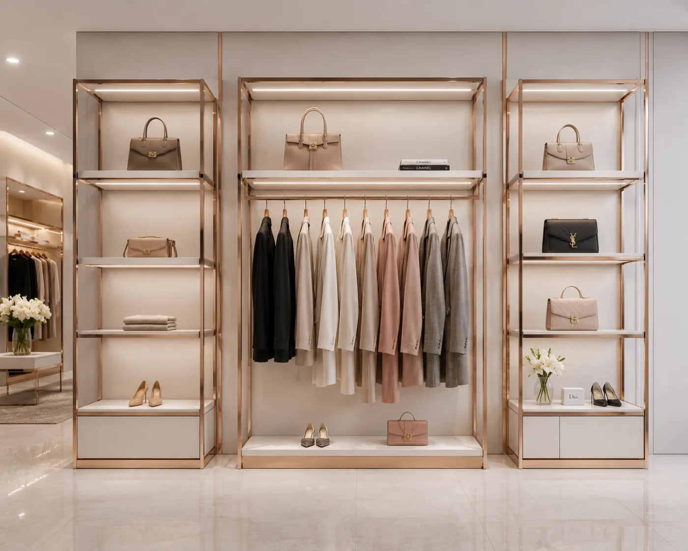Retail display rack in a rose-gold PVD finish