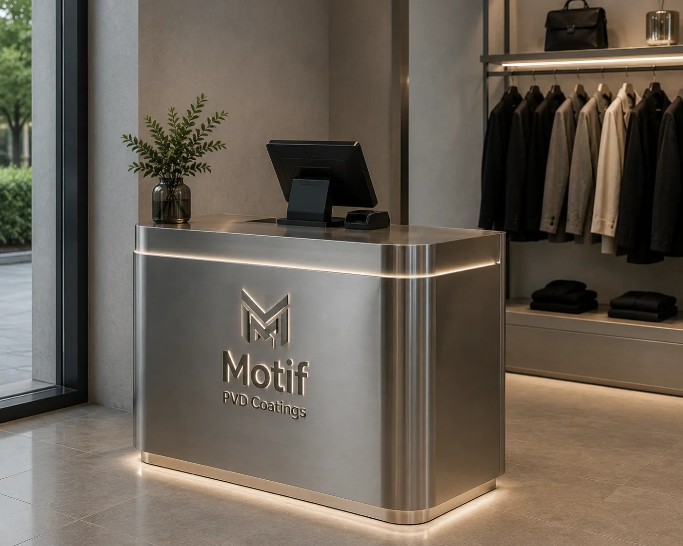 Point-of-sale structure in a nickel PVD finish