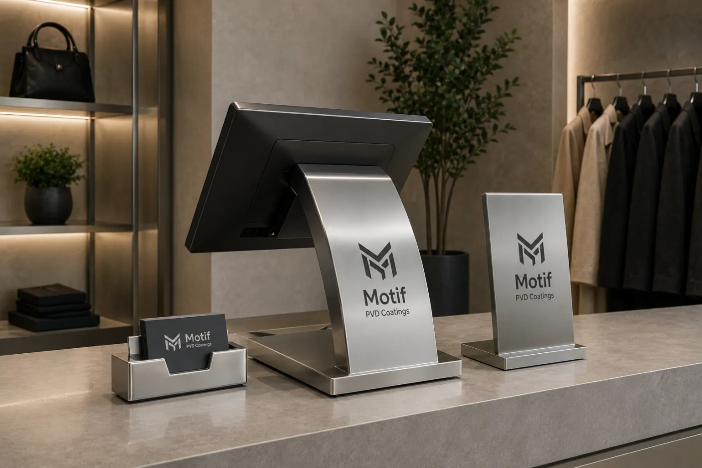 Point-of-sale structure in a nickel PVD finish