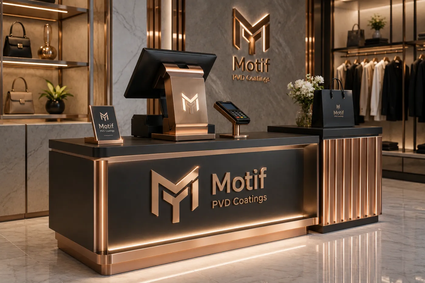 Point-of-sale structure in a rose-gold PVD finish