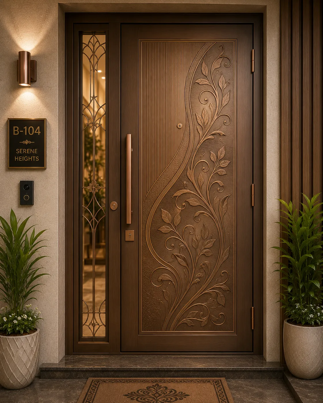 Apartment safety door with a bronze PVD-coated finish
