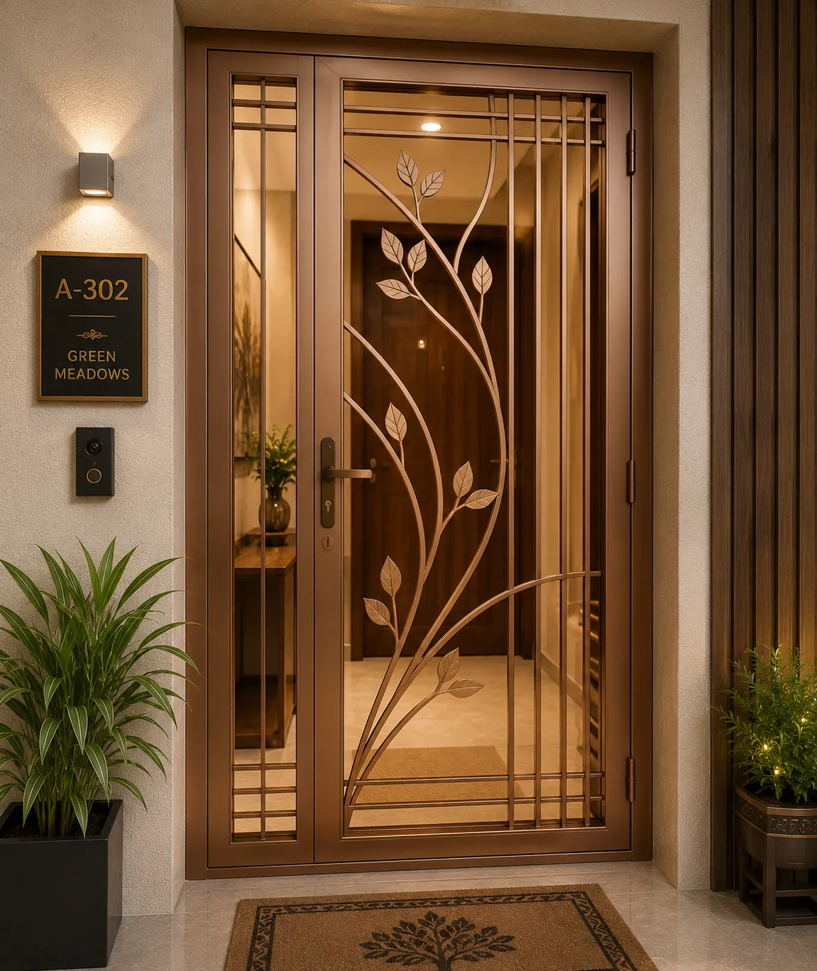 Apartment safety door with a bronze PVD-coated finish