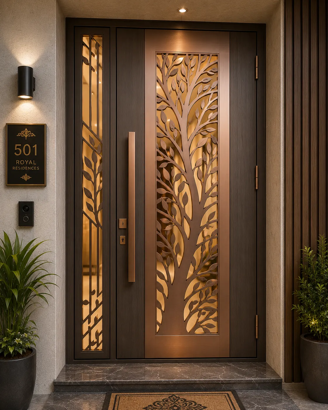 Apartment safety door with a bronze PVD-coated finish