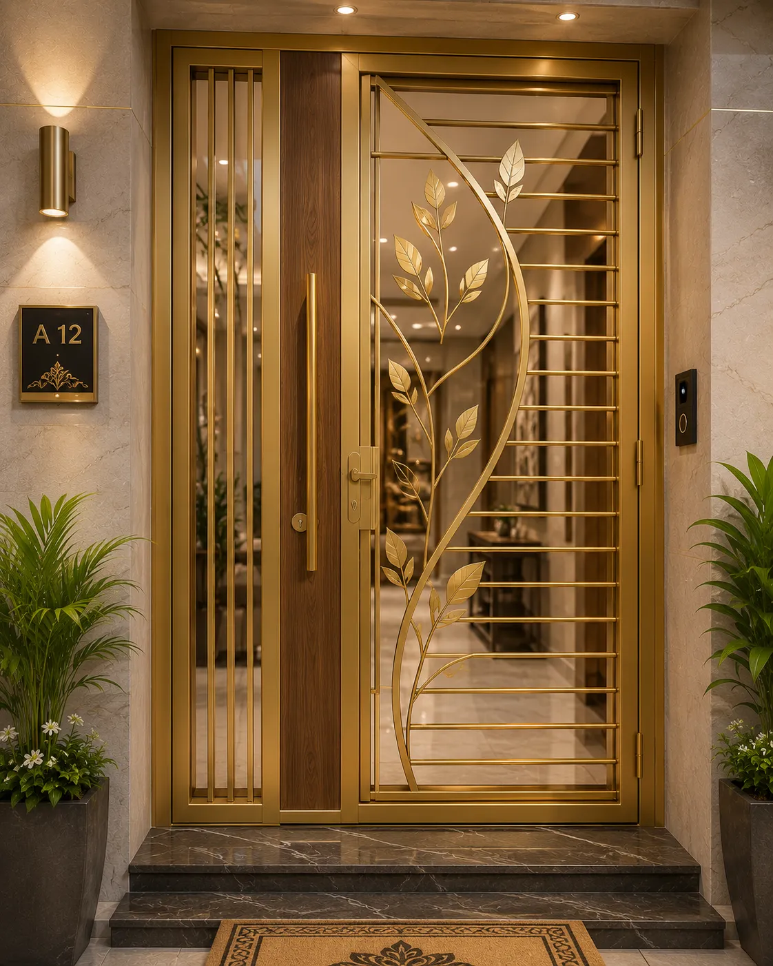 Apartment safety door with a gold PVD-coated finish