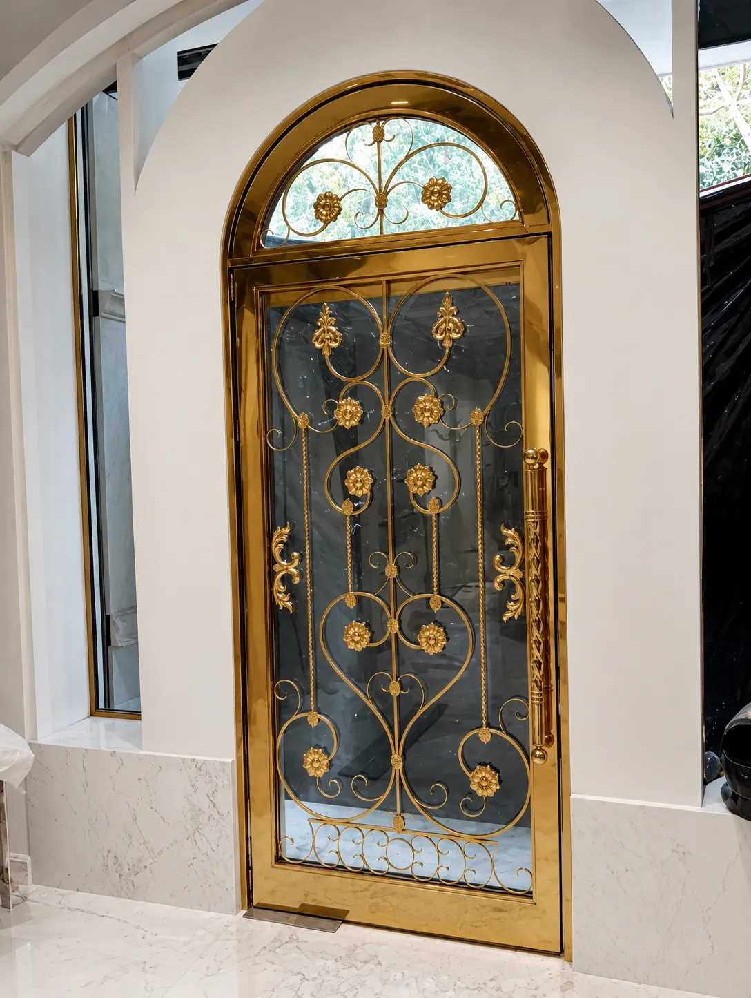 Apartment safety door with a gold PVD-coated finish