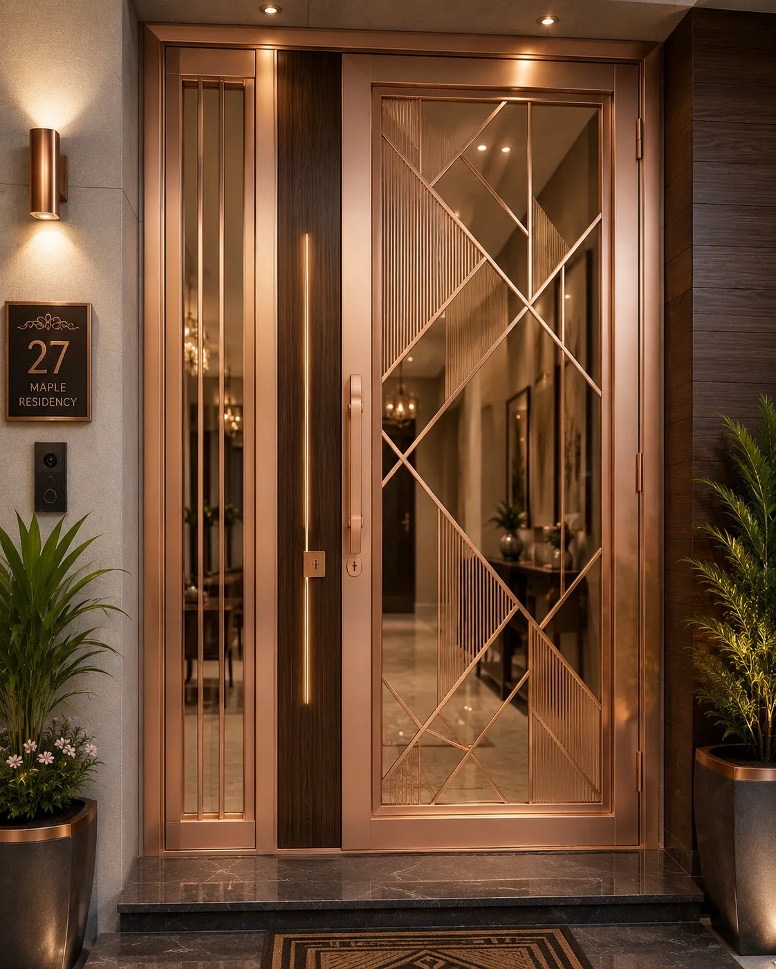 Apartment safety door with a rose-gold PVD-coated finish
