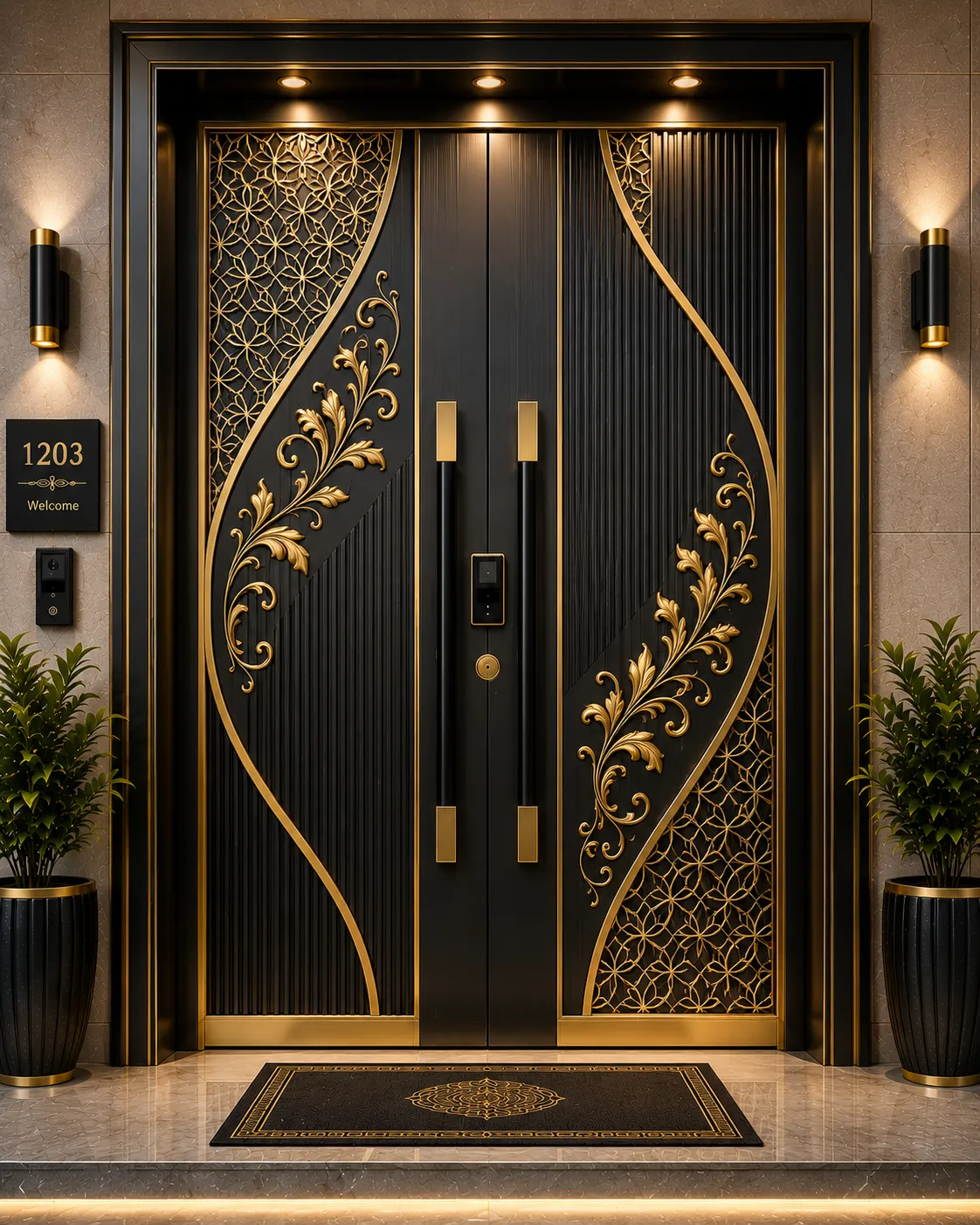 Decorative door panel in a gold and black PVD finish