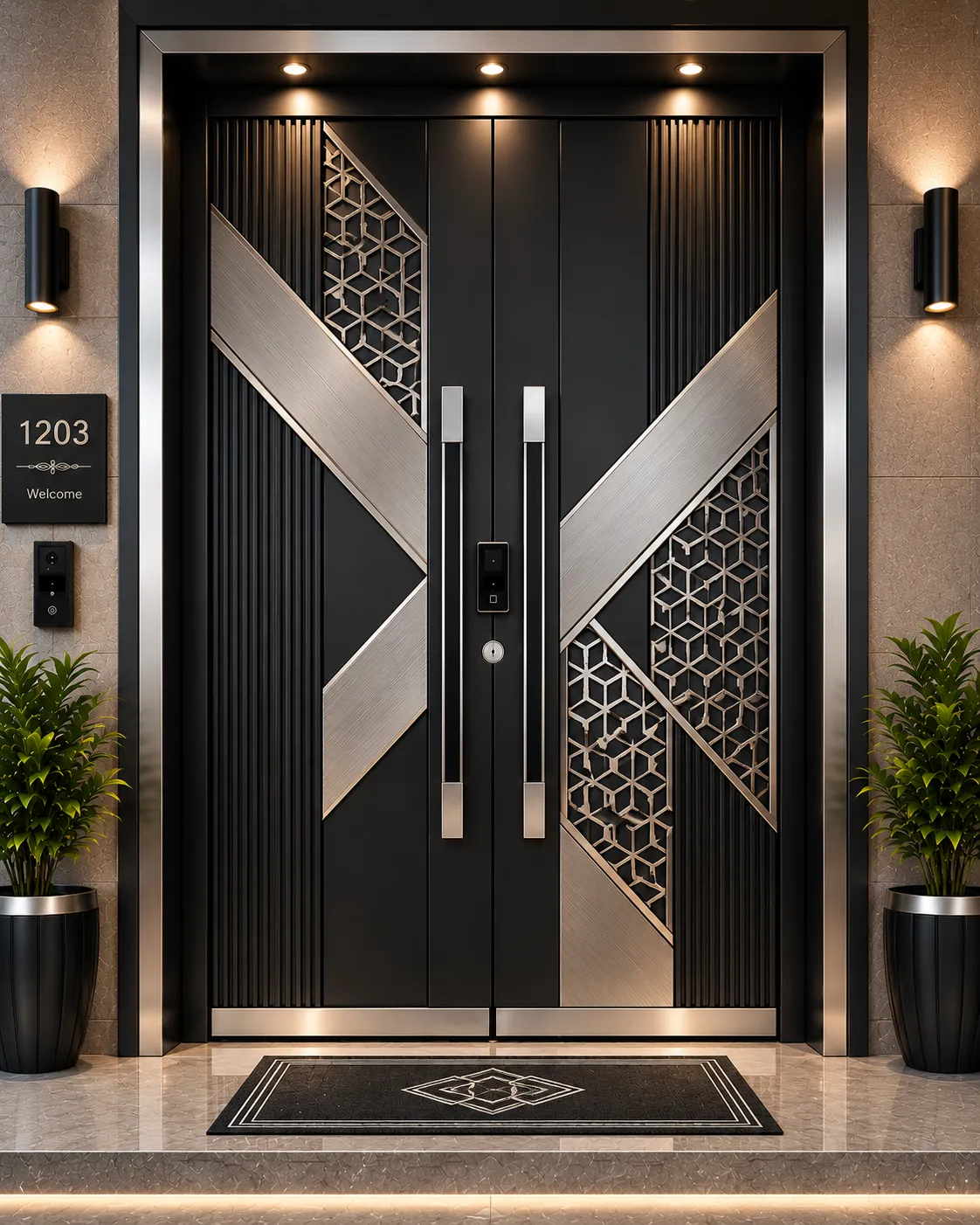 Decorative door panel in a nickel and black PVD finish