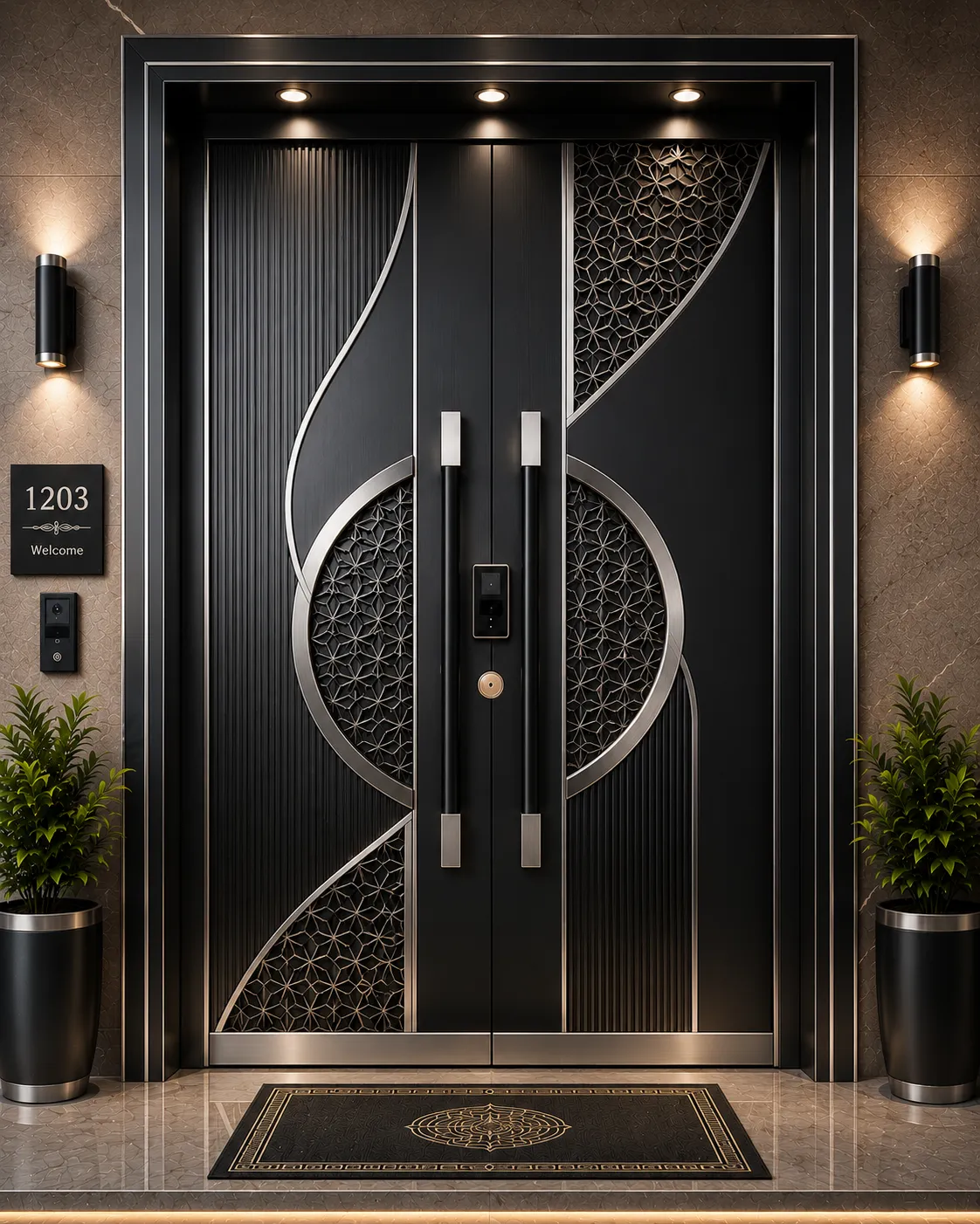 Decorative door panel in a nickel and black PVD finish