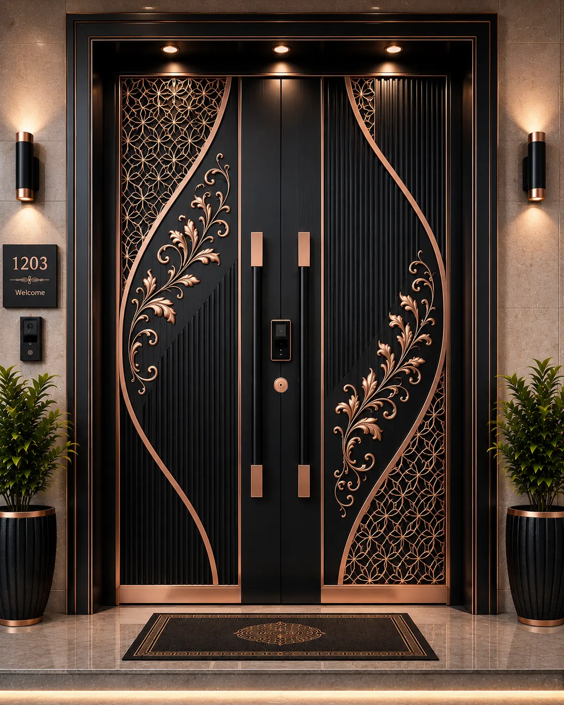 Decorative door panel in a rose-gold and black PVD finish
