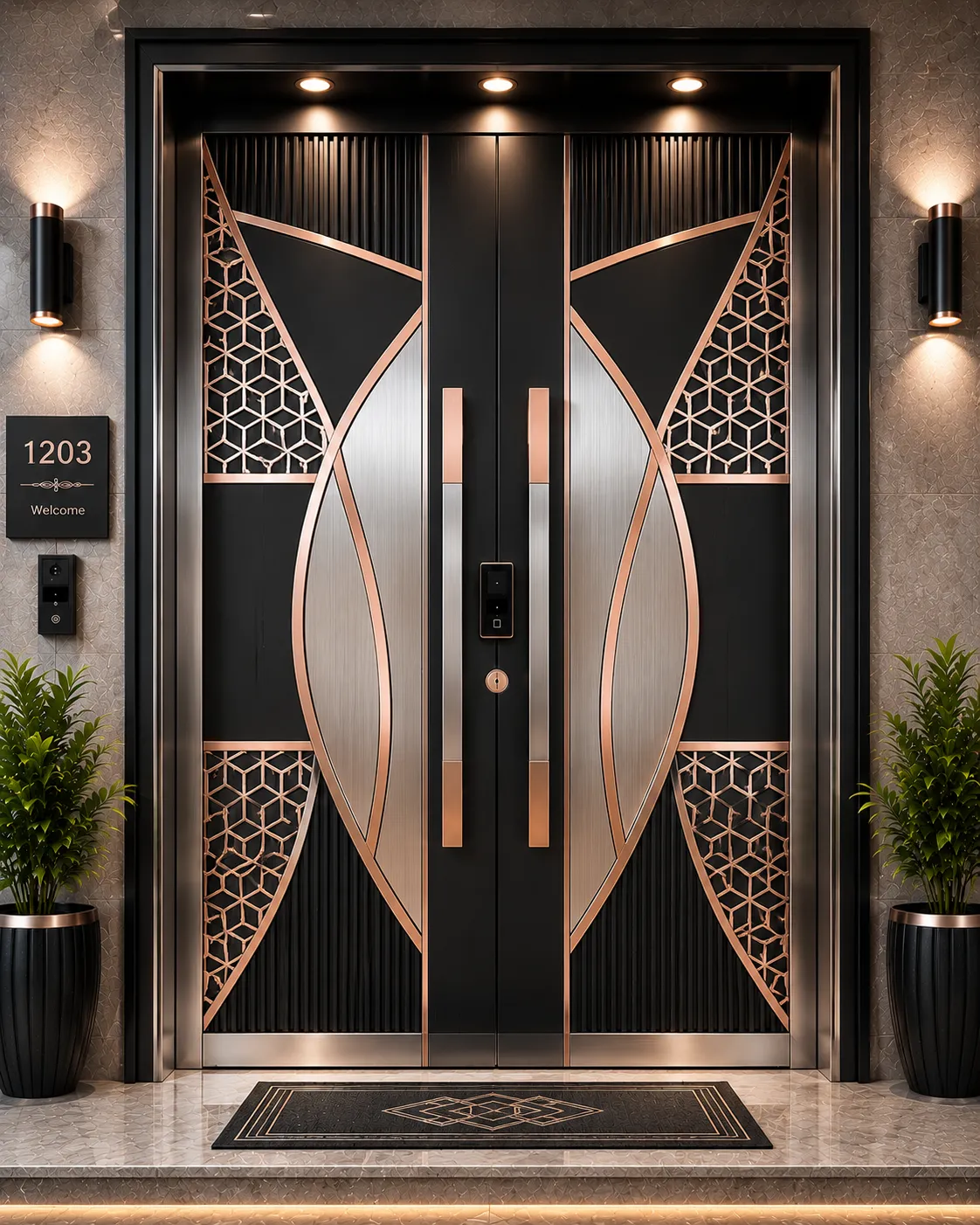 Decorative door panel in rose-gold, nickel and black PVD finishes