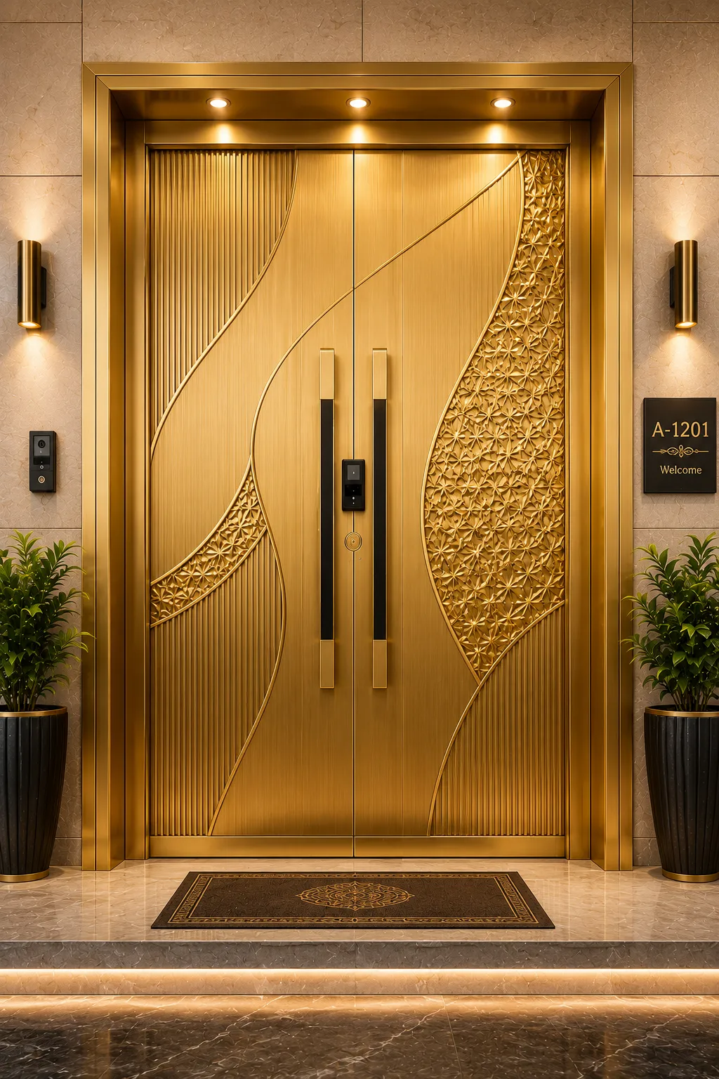 Designer metal door with a gold PVD-coated finish