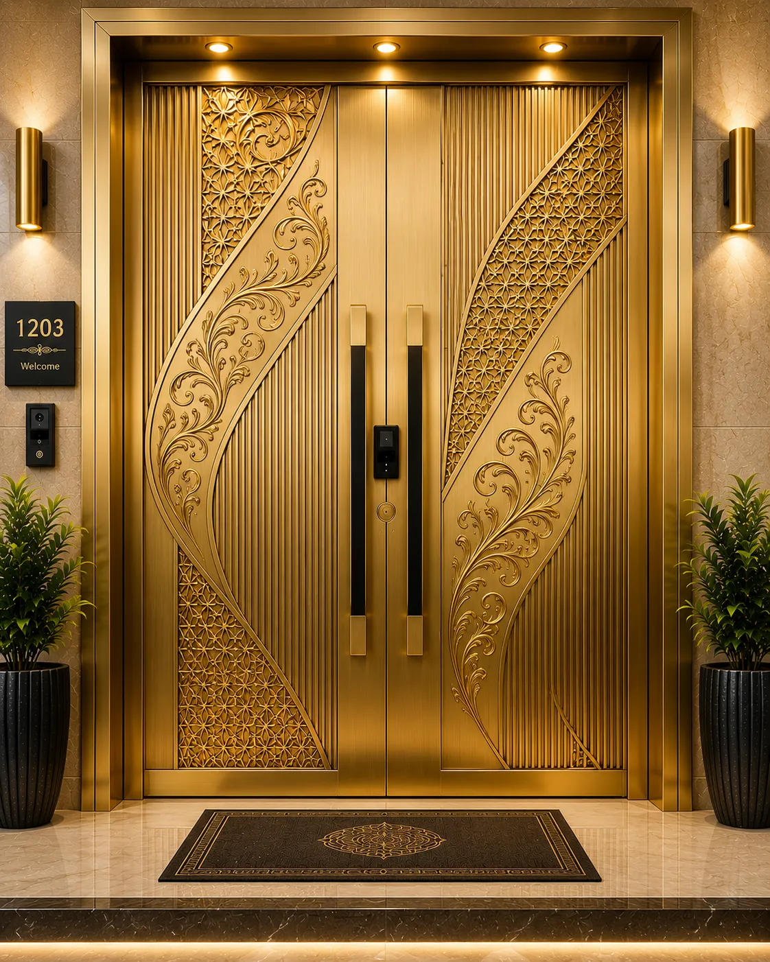 Designer metal door with a gold PVD-coated finish