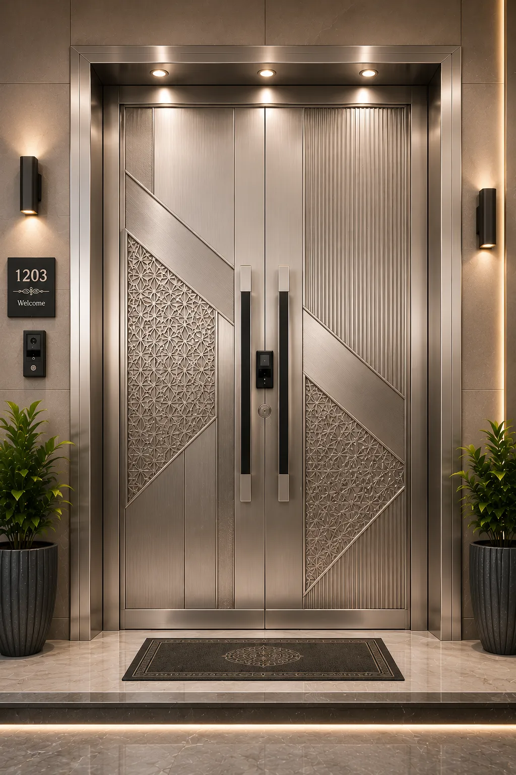 Designer metal door with a nickel PVD-coated finish
