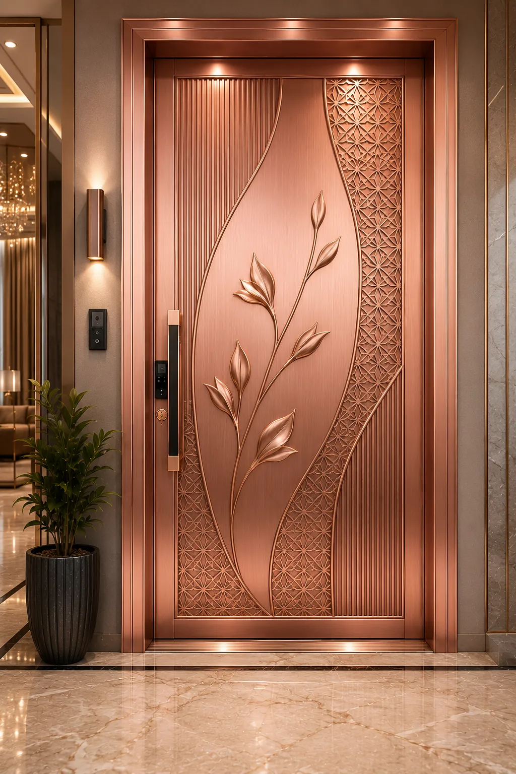Designer metal door with a rose-gold PVD-coated finish