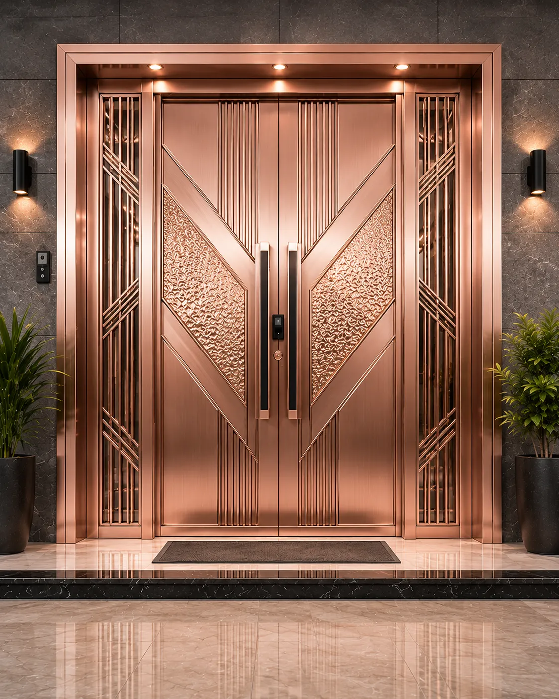 Designer metal door with a rose-gold PVD-coated finish
