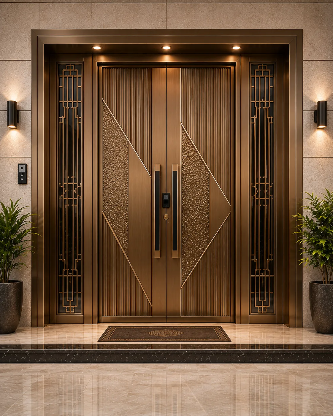Main entrance safety door with a bronze PVD-coated finish