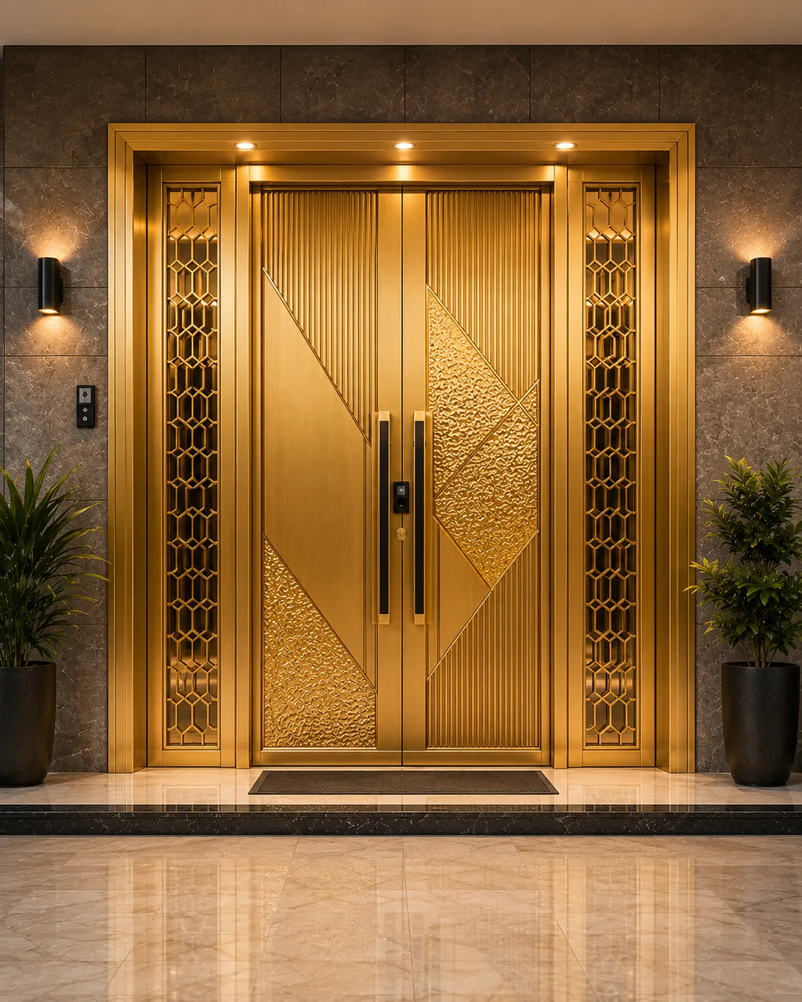 Main entrance safety door with a gold PVD-coated finish