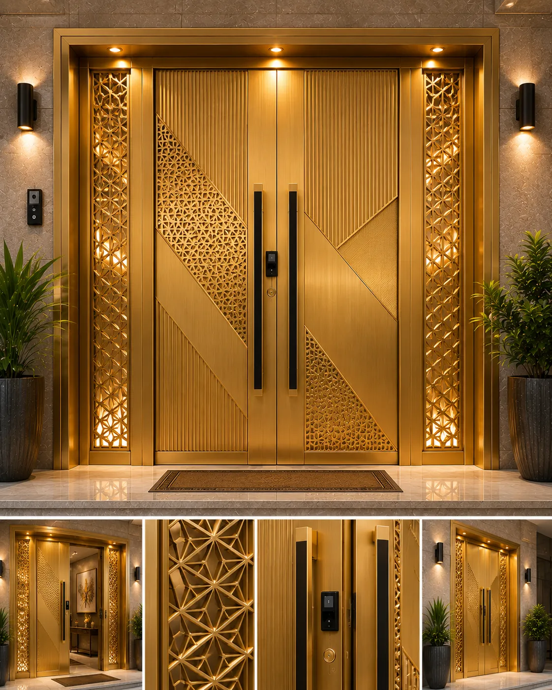 Main entrance safety door with a gold PVD-coated finish