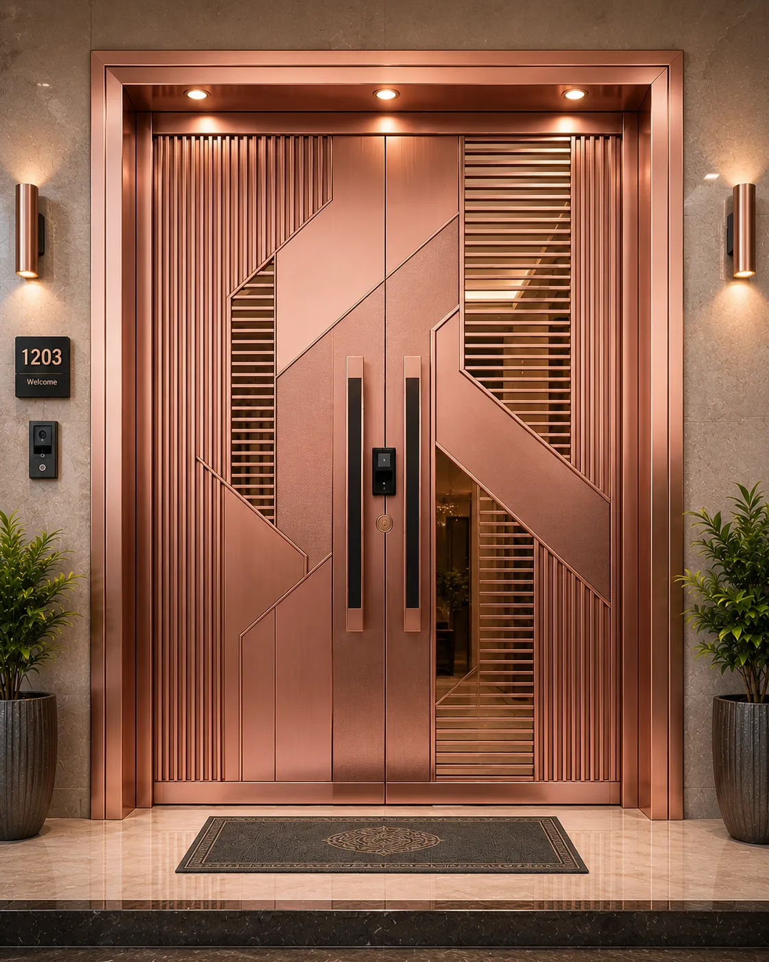 Main entrance safety door with a rose-gold PVD-coated finish