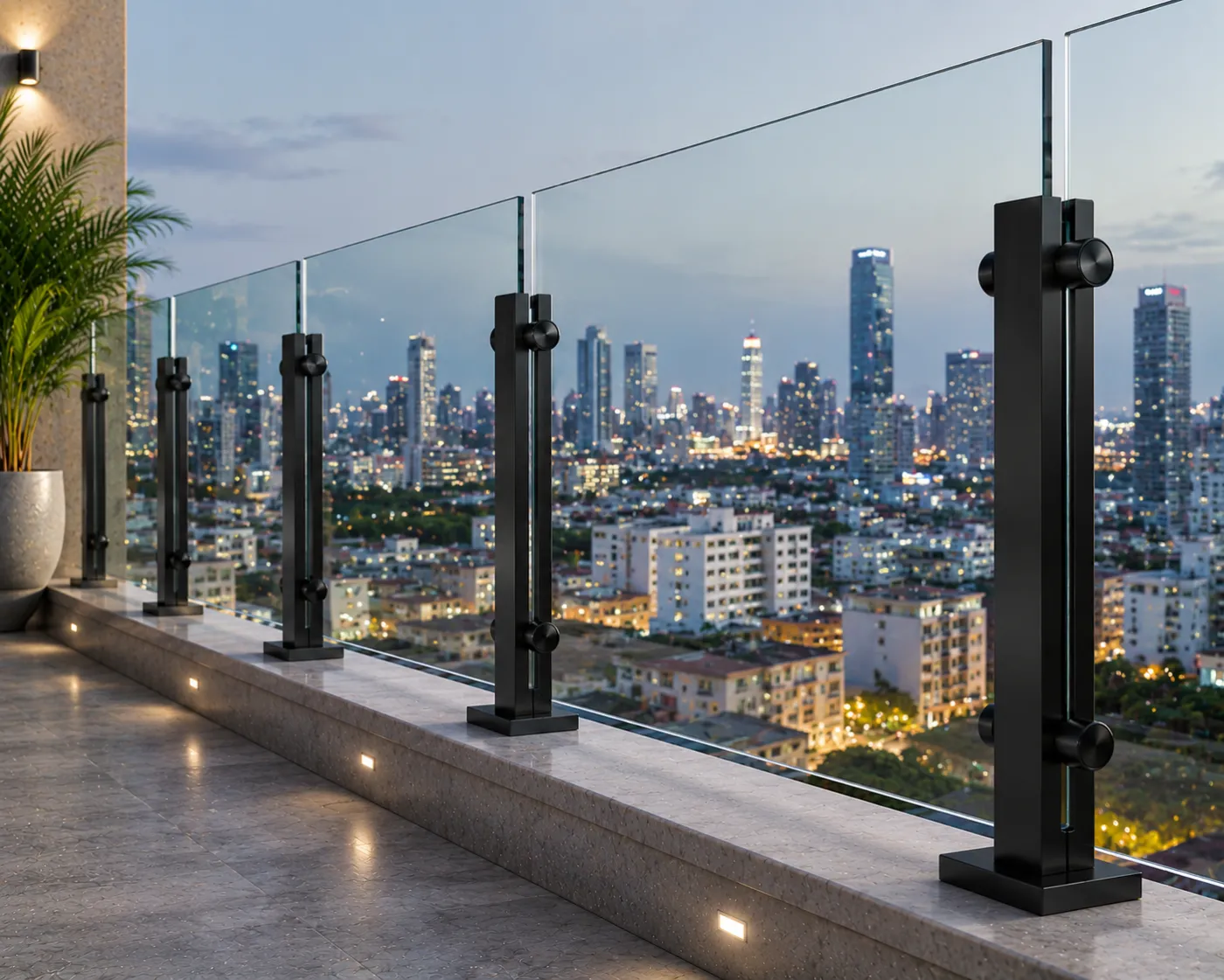 Glass railing spigot in a black PVD finish