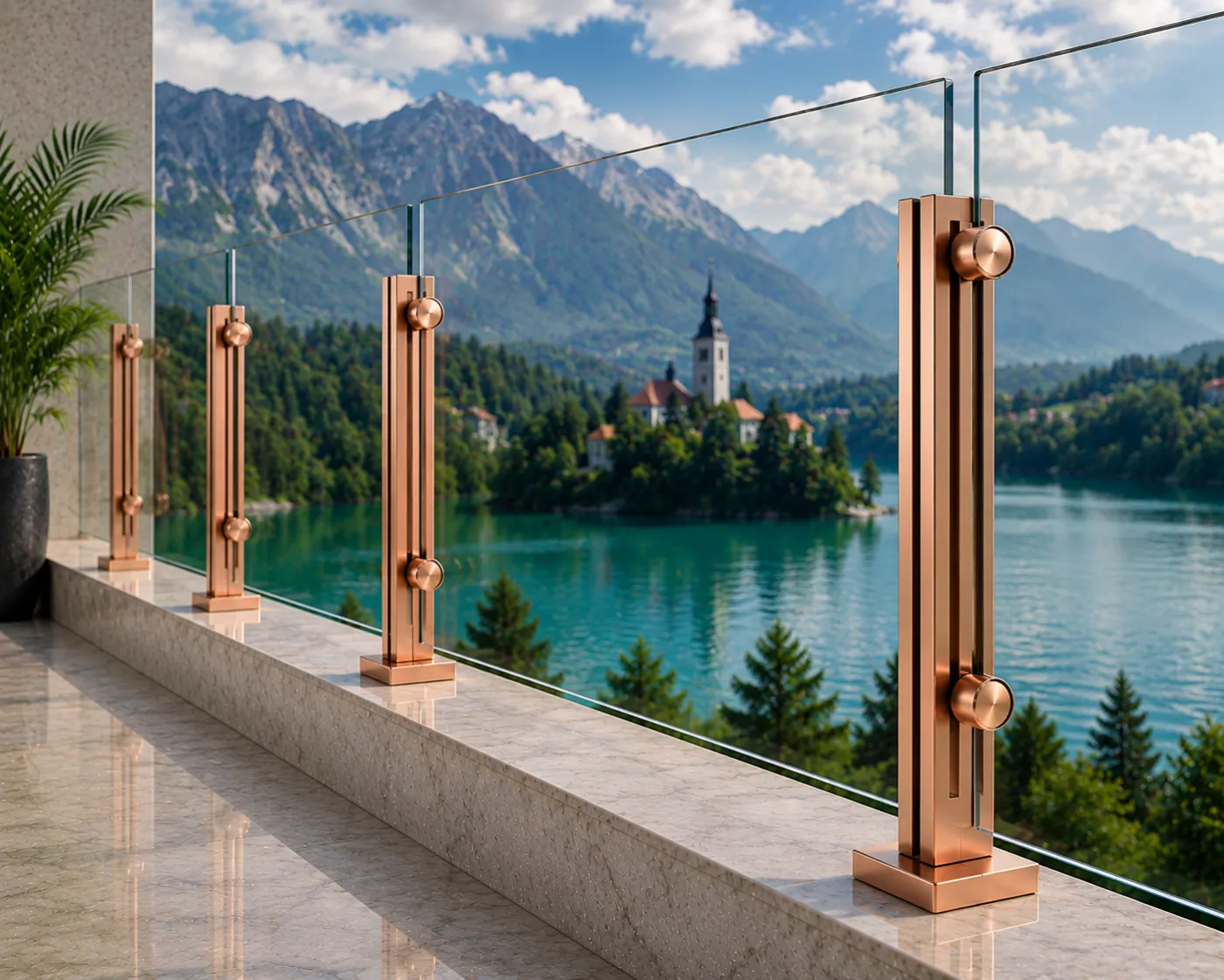 Glass railing spigot in a bronze PVD finish
