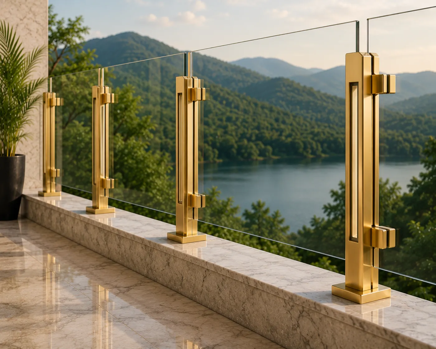 Glass railing spigots in a gold PVD finish