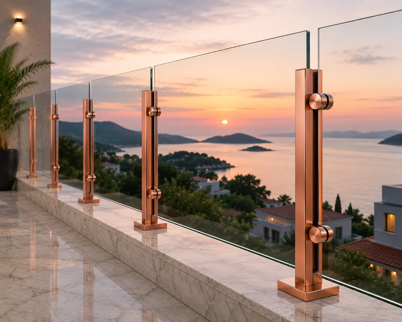 Glass railing spigot in a rose-gold PVD finish