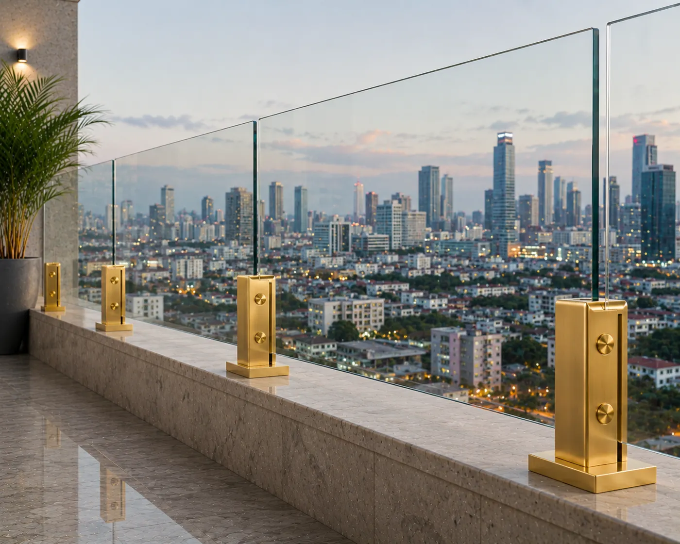 Glass railing spigot in a gold PVD finish