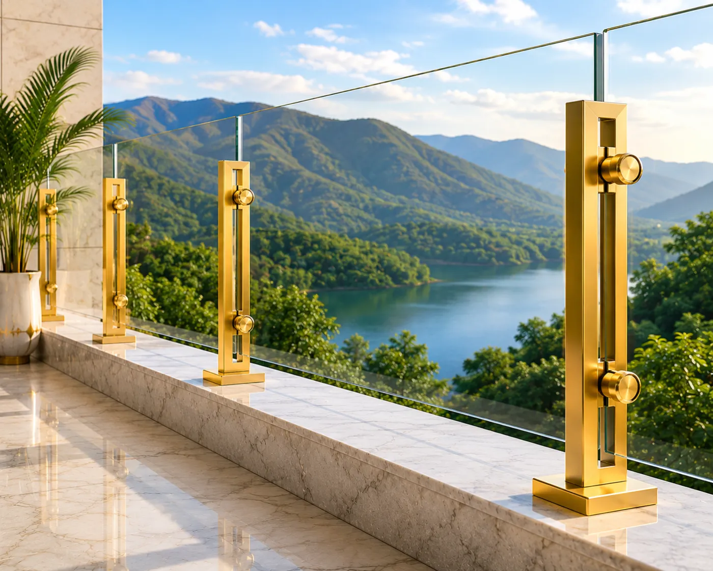 Glass railing spigot in a gold PVD finish