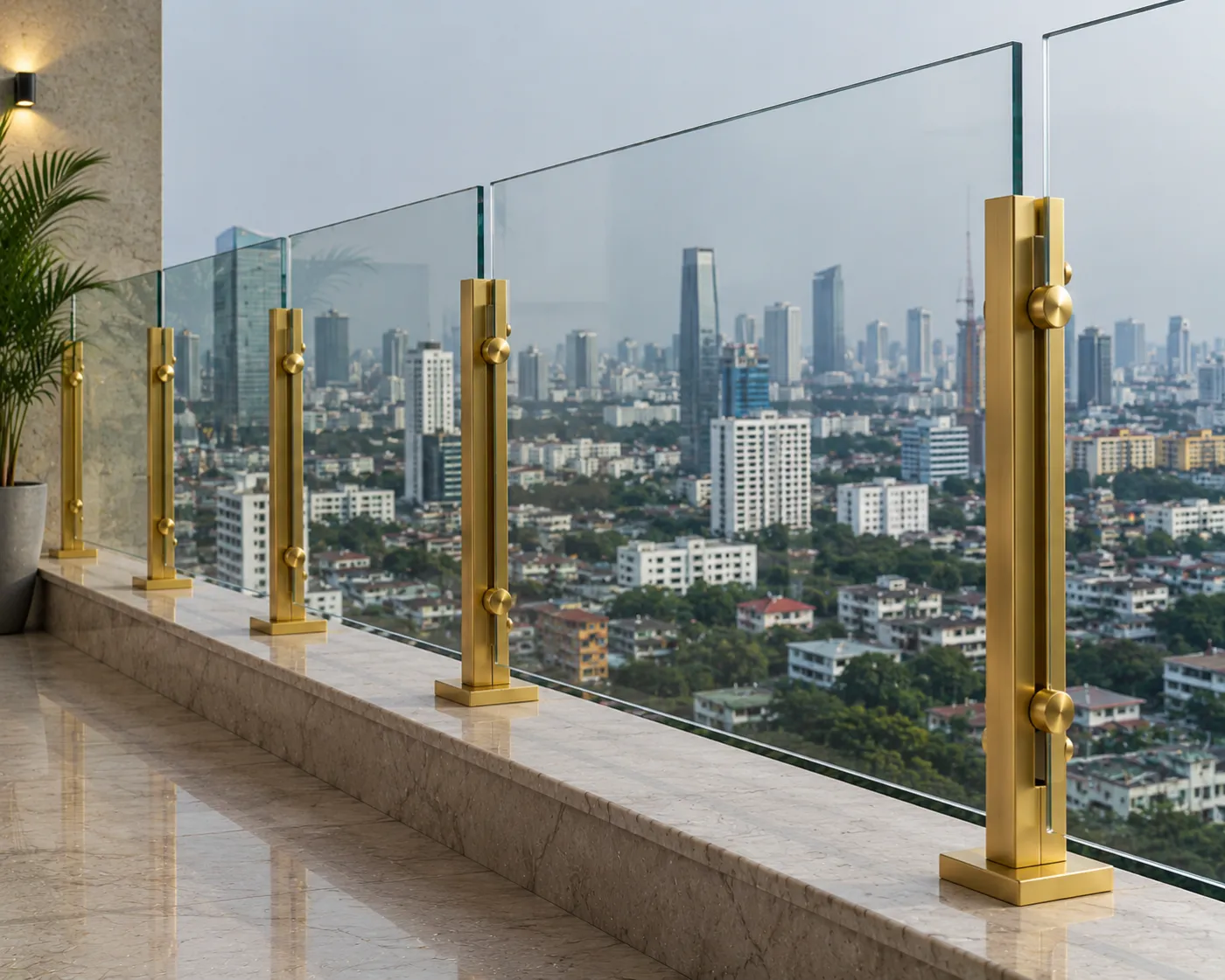 Glass railing spigot in a gold PVD finish