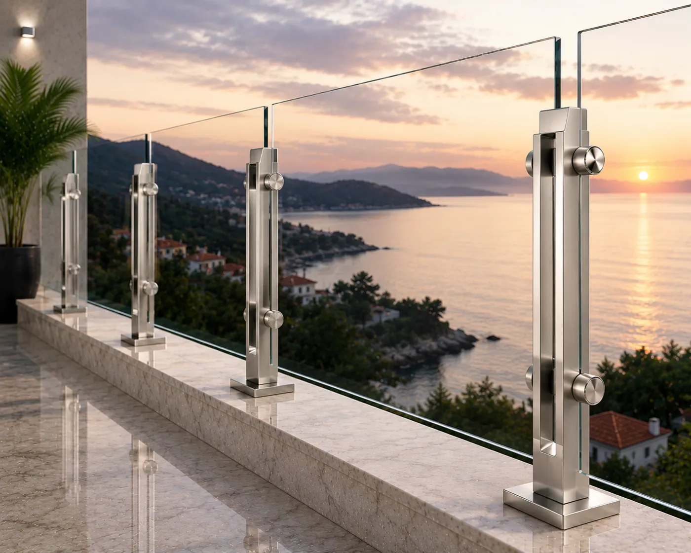 Glass railing spigot in a nickel PVD finish