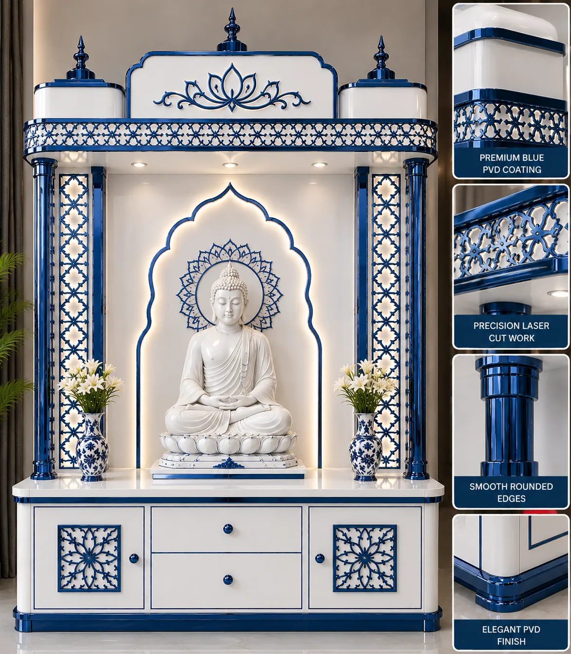 Home mandir in a blue PVD finish with white panels, laser-cut lattice columns and a seated marble idol