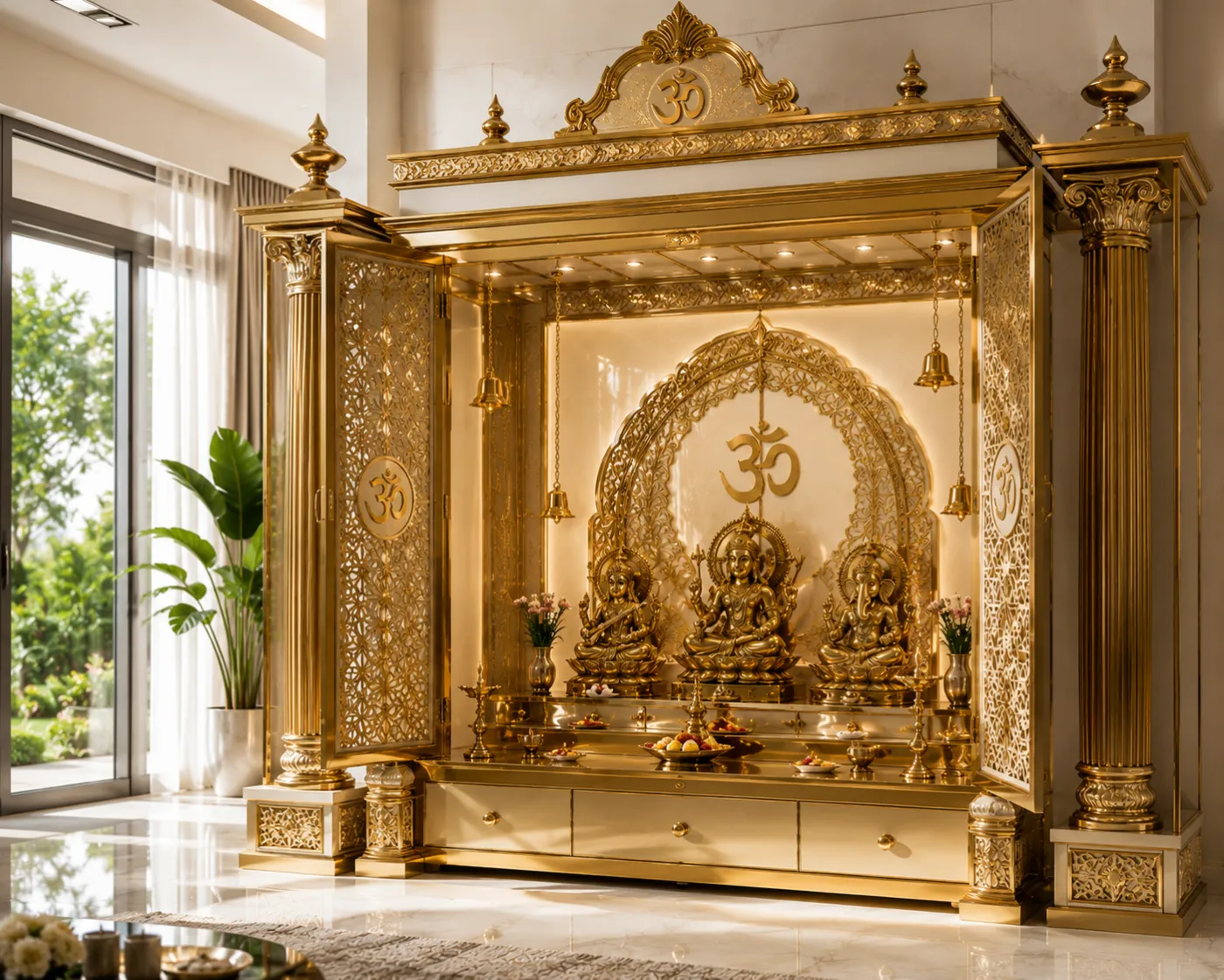 Home mandir in a gold PVD finish with hinged laser-cut lattice doors and an illuminated Om arch
