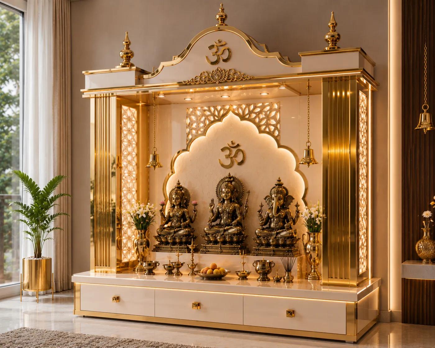 Home mandir in gold PVD with a lotus crest, a laser-cut backdrop panel and illuminated columns
