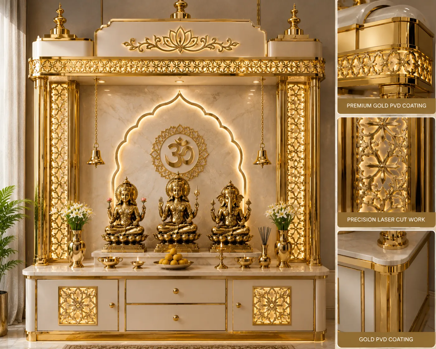 Home mandir in a gold PVD finish with illuminated laser-cut lattice columns and a carved Om backdrop