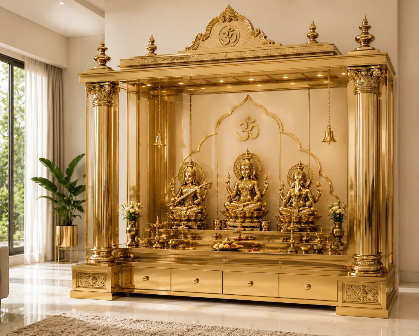 Home mandir finished throughout in gold PVD, with fluted columns, an Om crest and tiered puja shelves