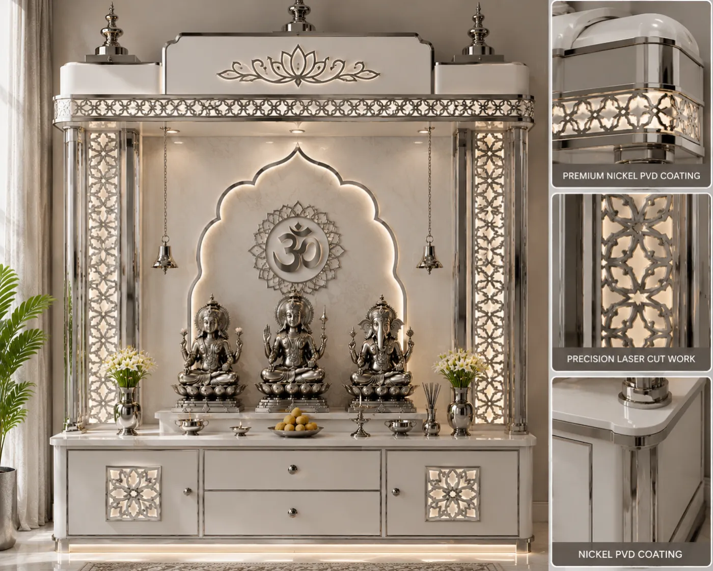Home mandir in a nickel PVD finish, with inset details of the laser-cut lattice and edge profiles