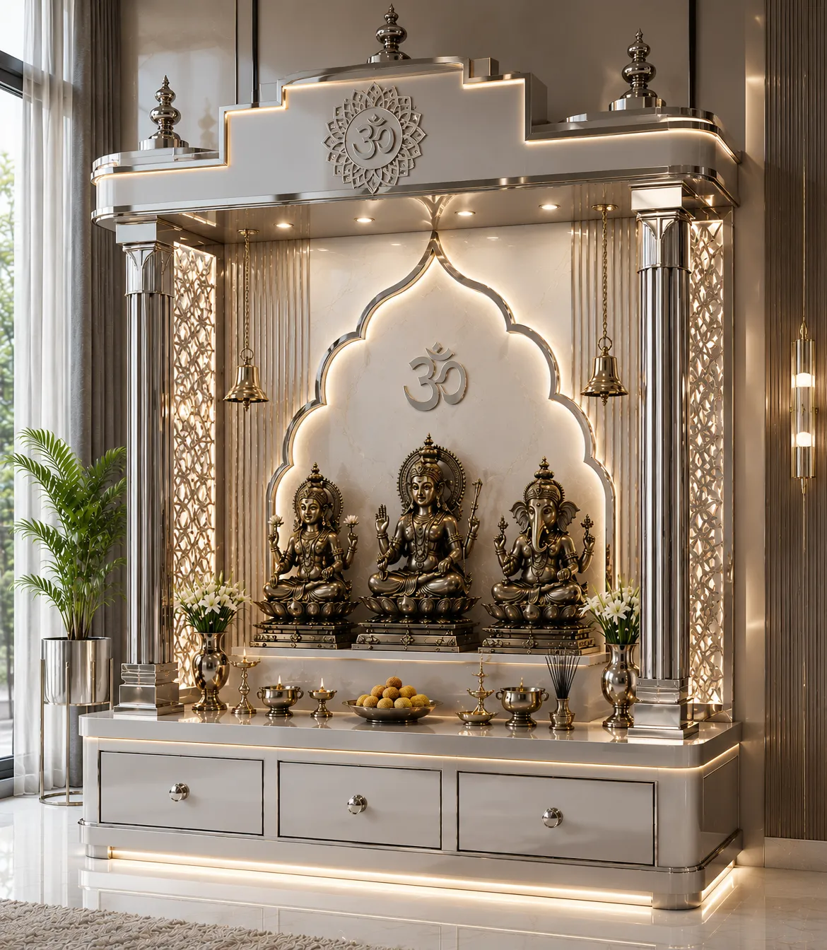 Home mandir in a nickel PVD finish with fluted columns, a marble backdrop and brass deity idols