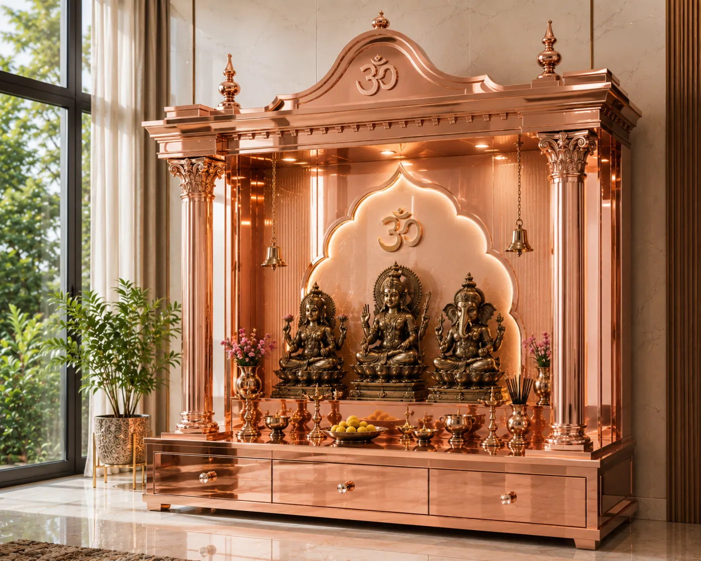 Home mandir in a rose-gold PVD finish with an arched Om backdrop and fluted columns